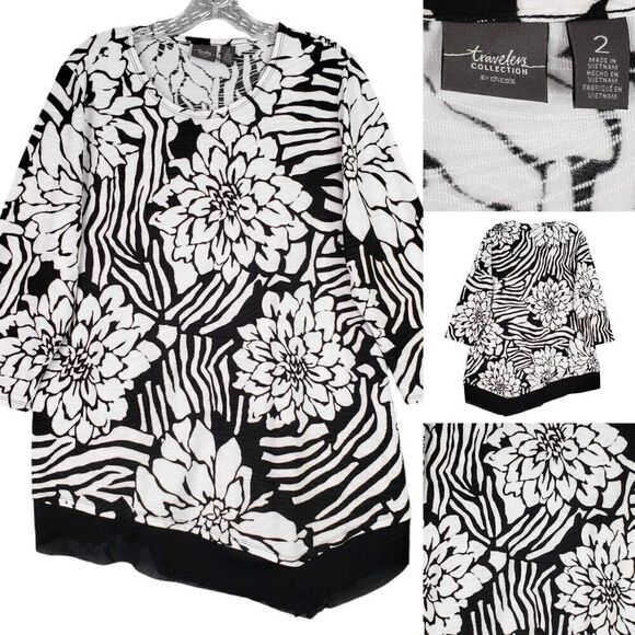 Chico's Tops - Chicos Travelers Tunic Top Slinky Knit Women’s Size Large or 2 Black Floral